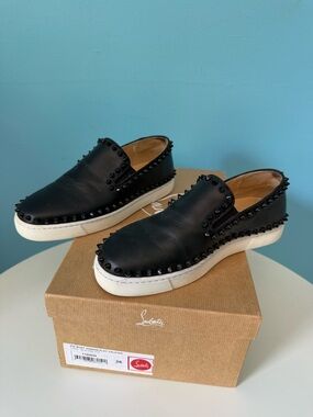 Christian Louboutin Black Leather Studded Slip-On Sneakers with White Sole